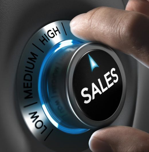 Sales button pointing the highest position with two fingers, blue and grey tones, Conceptual image for sales strategyor performance